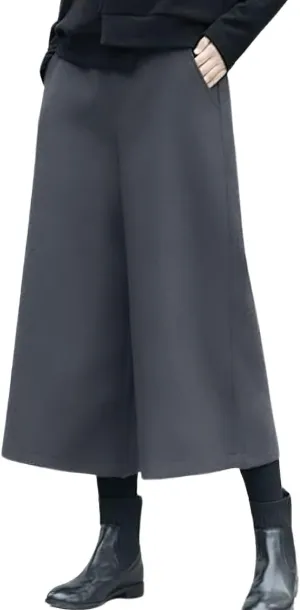 chouyatou Women's Fall Wool Blend Culottes Capri Cropped Pants Elastic High Waist Wide Leg Palazzo Trouser
