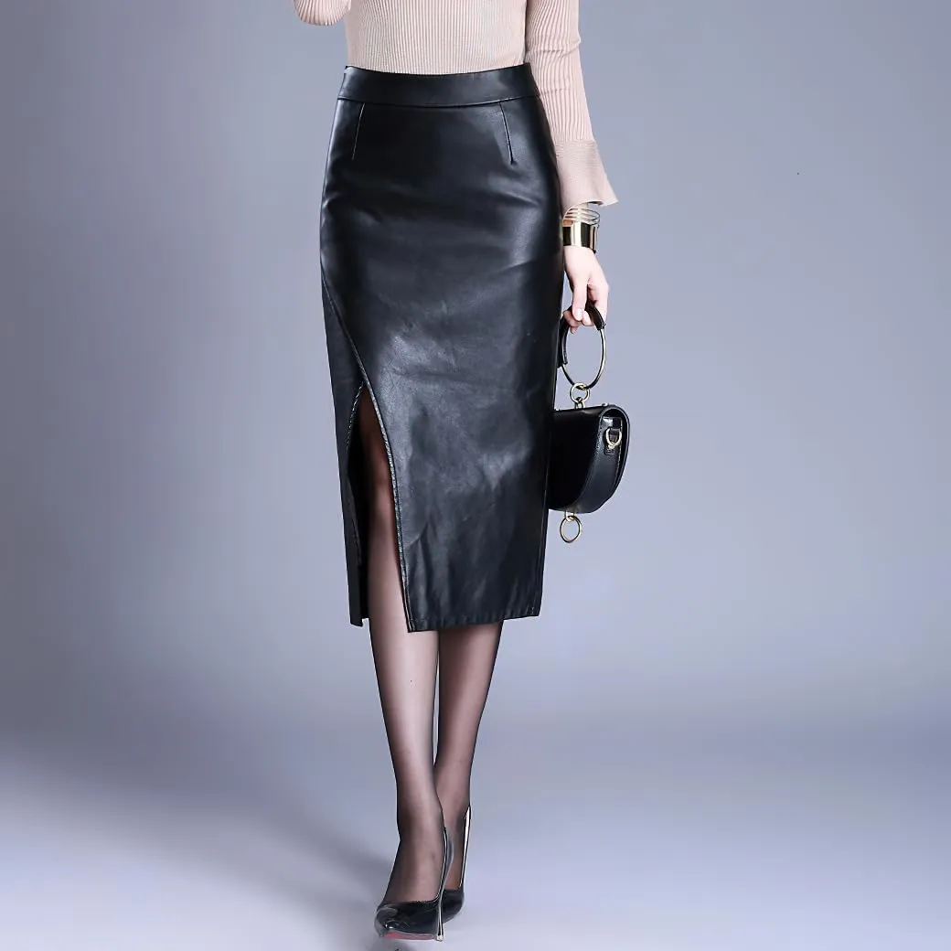 chouyatou Womens Sexy High Waisted Wrap Faux Leather Skirt Split Thigh Sexy Bodycon Midi PU Pencil Skirt