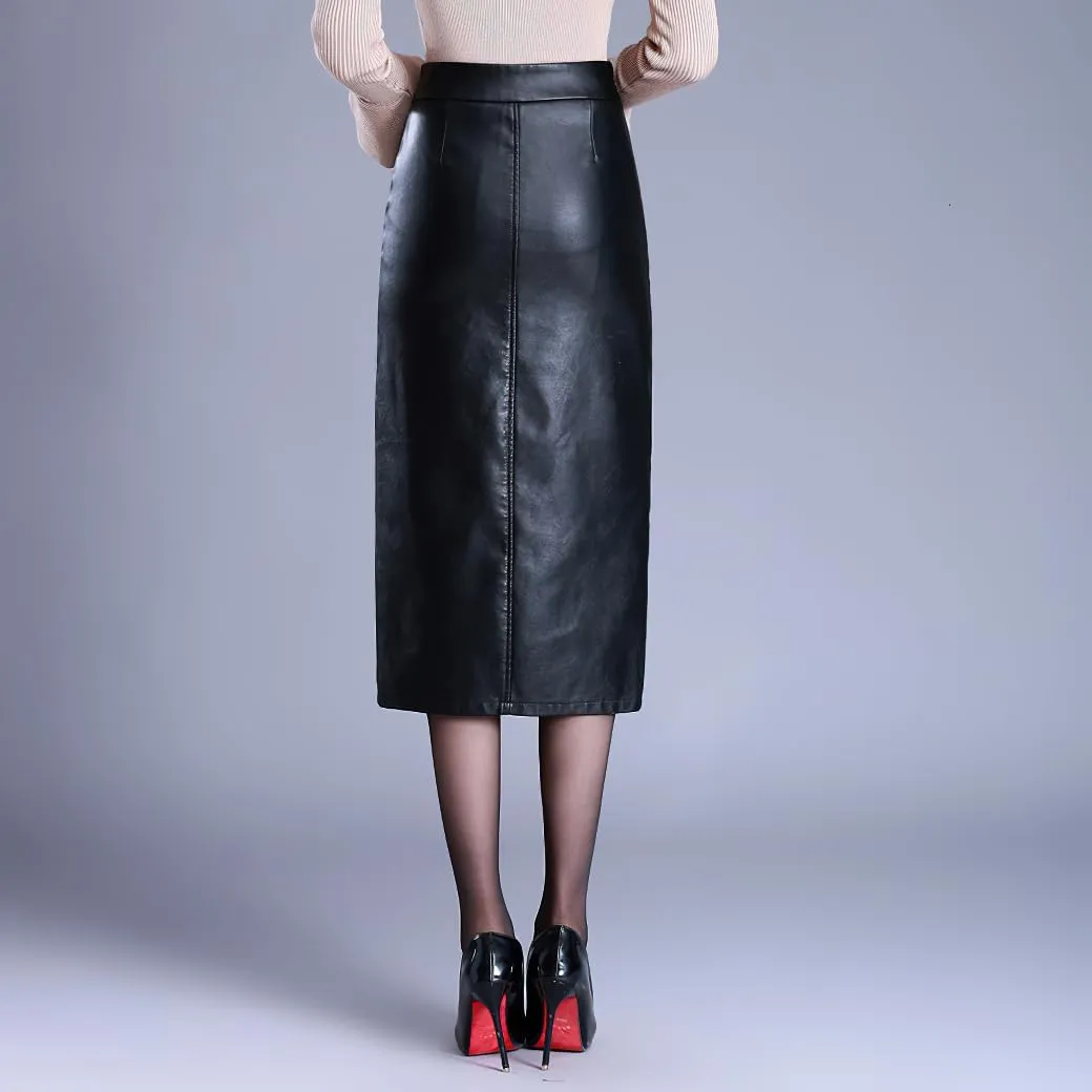 chouyatou Womens Sexy High Waisted Wrap Faux Leather Skirt Split Thigh Sexy Bodycon Midi PU Pencil Skirt
