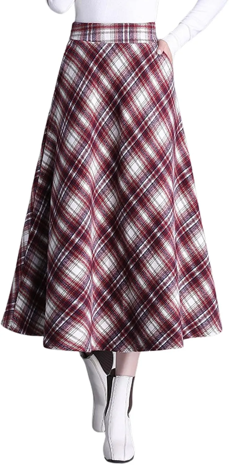 chouyatou Women's Winter Elastic Waist Wool Plaid Skirt Fall A-Line Pleated Midi Long Skater Skirt