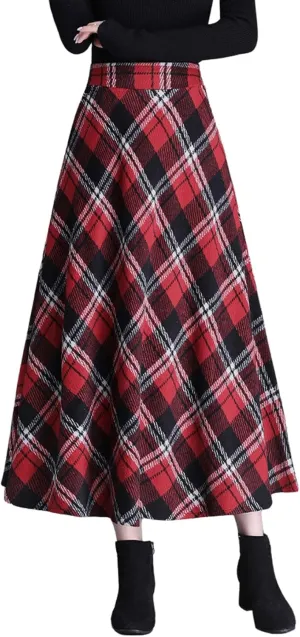 chouyatou Women's Winter Elastic Waist Wool Plaid Skirt Fall A-Line Pleated Midi Long Skater Skirt