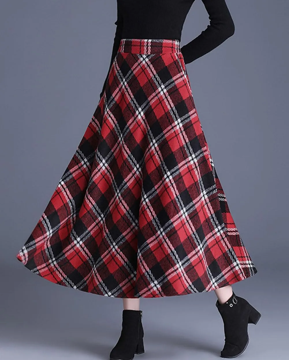 chouyatou Women's Winter Elastic Waist Wool Plaid Skirt Fall A-Line Pleated Midi Long Skater Skirt