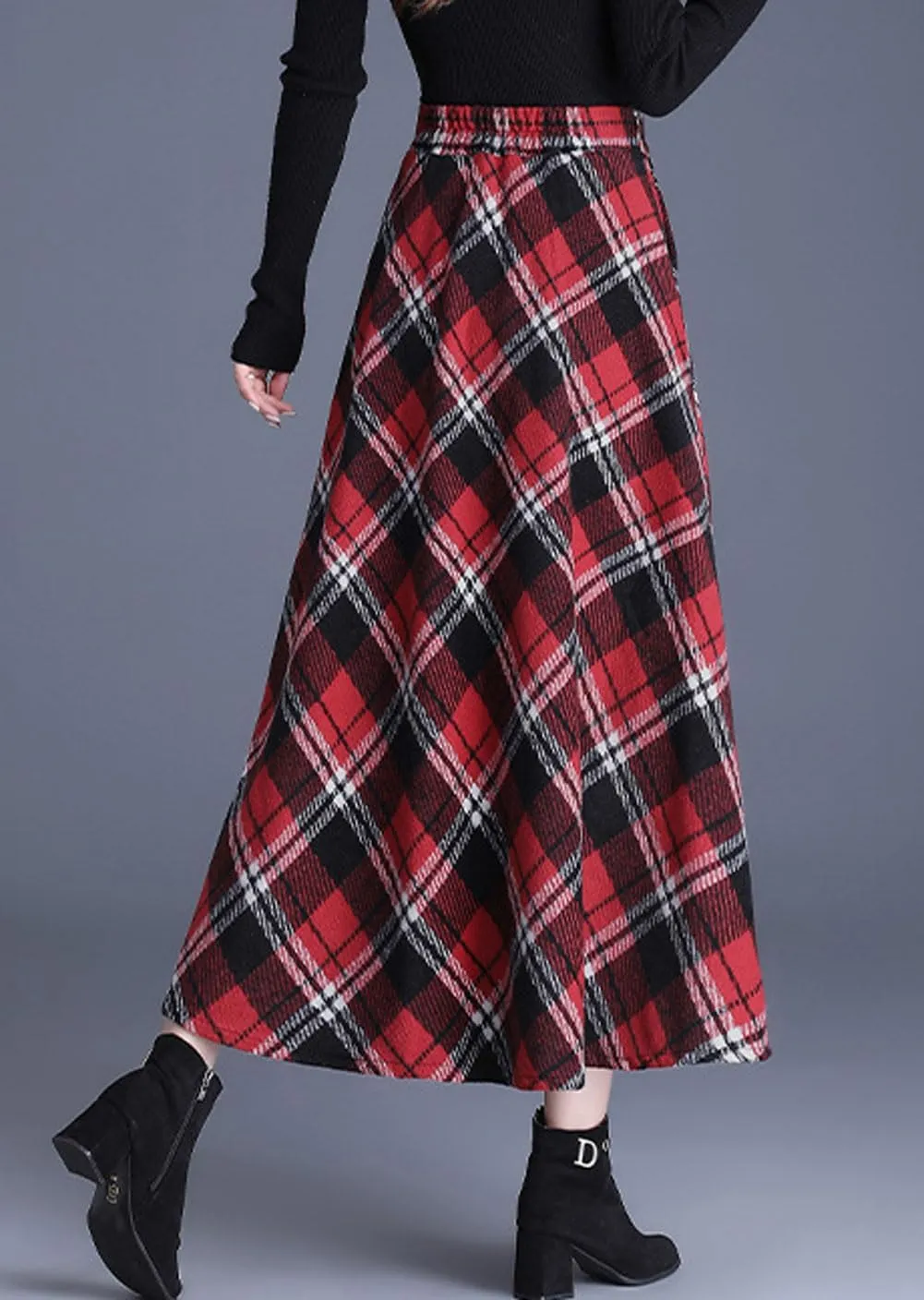 chouyatou Women's Winter Elastic Waist Wool Plaid Skirt Fall A-Line Pleated Midi Long Skater Skirt