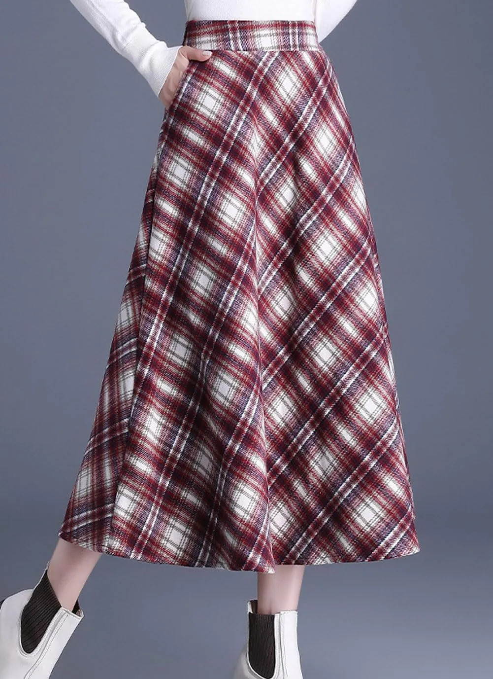chouyatou Women's Winter Elastic Waist Wool Plaid Skirt Fall A-Line Pleated Midi Long Skater Skirt