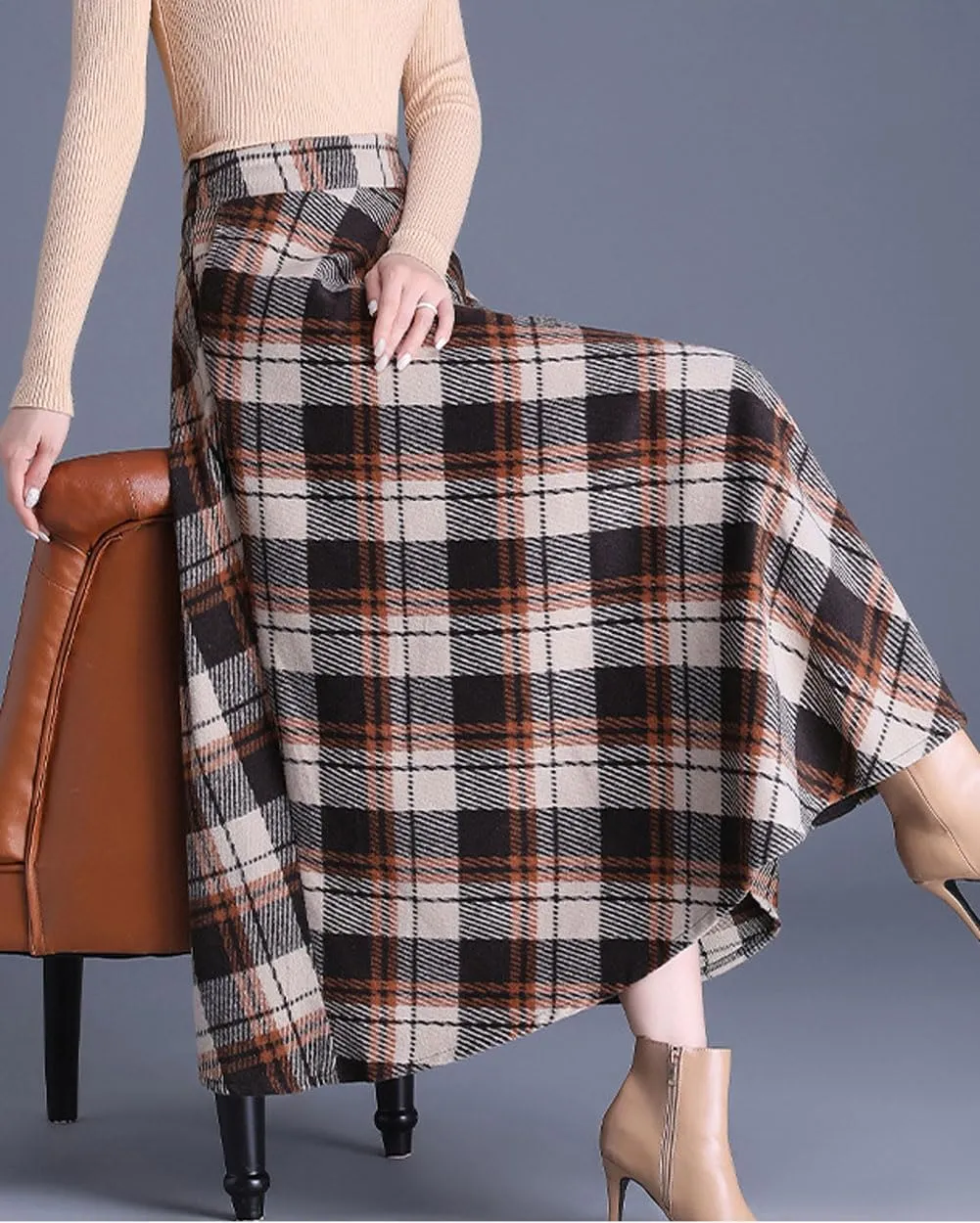 chouyatou Women's Winter Elastic Waist Wool Plaid Skirt Fall A-Line Pleated Midi Long Skater Skirt