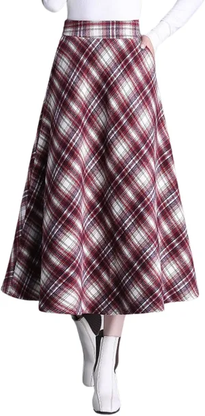 chouyatou Women's Winter Elastic Waist Wool Plaid Skirt Fall A-Line Pleated Midi Long Skater Skirt