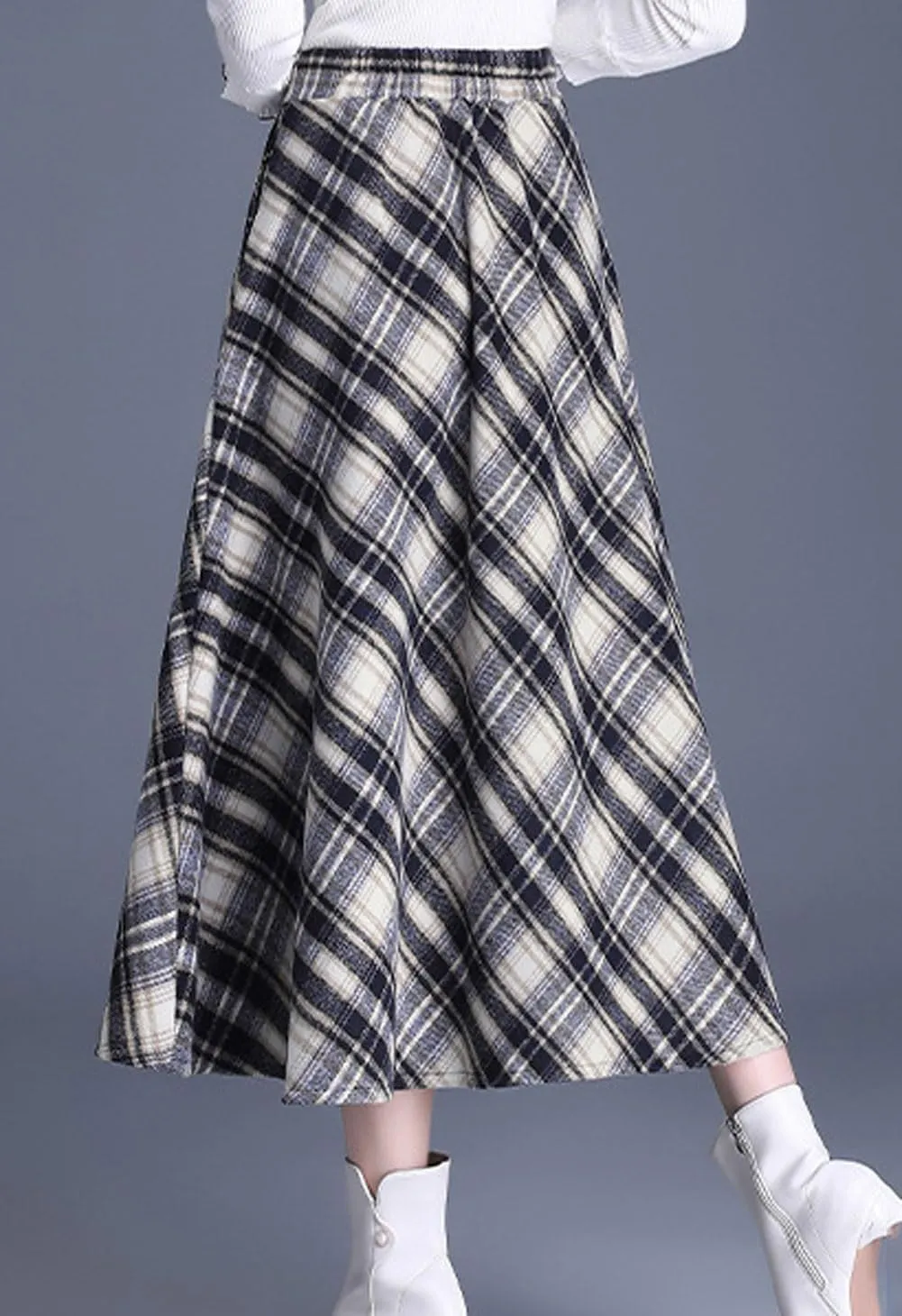 chouyatou Women's Winter Elastic Waist Wool Plaid Skirt Fall A-Line Pleated Midi Long Skater Skirt