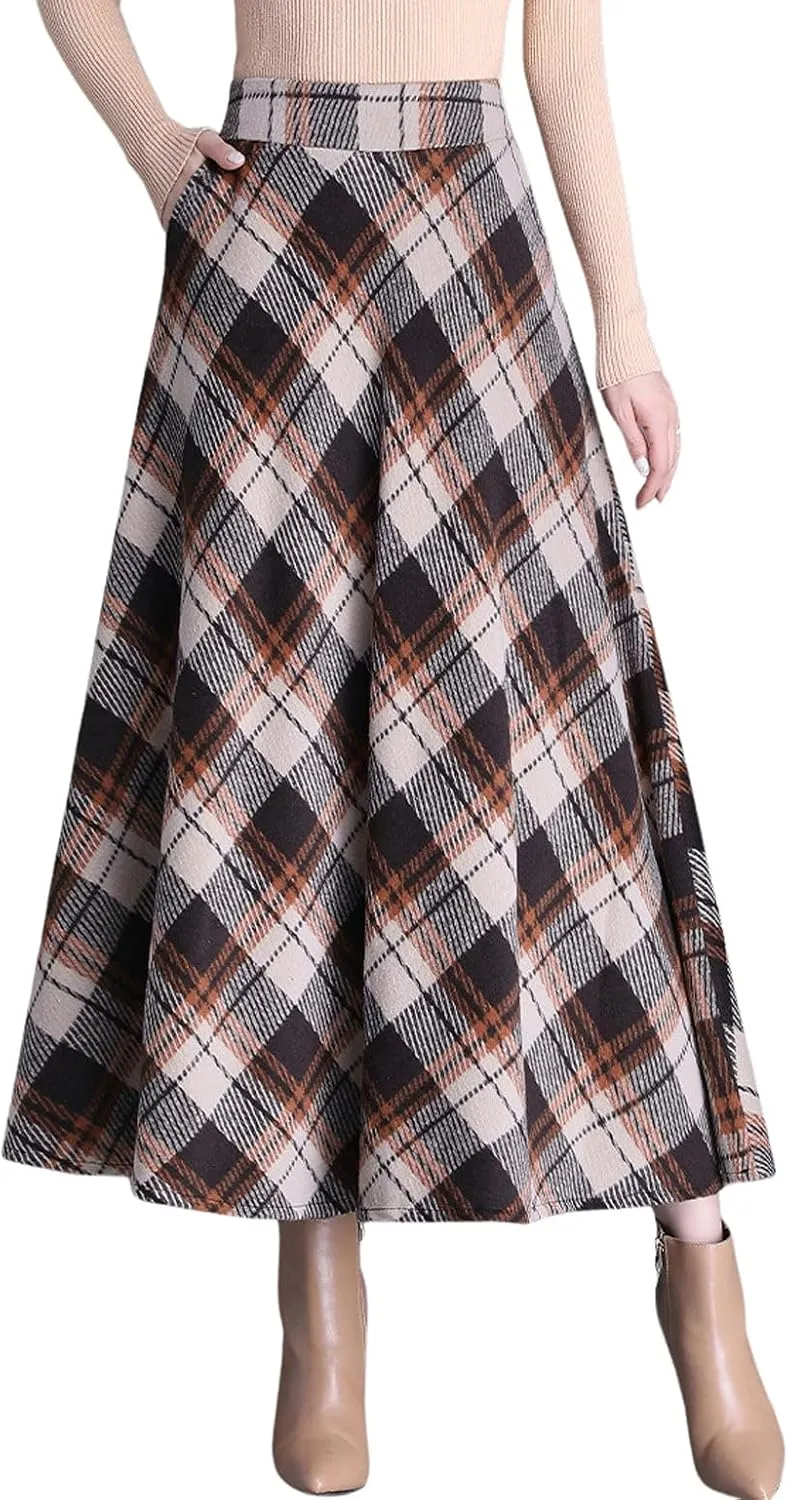 chouyatou Women's Winter Elastic Waist Wool Plaid Skirt Fall A-Line Pleated Midi Long Skater Skirt