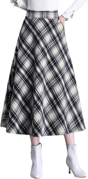 chouyatou Women's Winter Elastic Waist Wool Plaid Skirt Fall A-Line Pleated Midi Long Skater Skirt