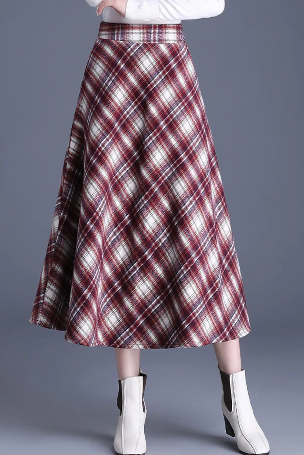 chouyatou Women's Winter Elastic Waist Wool Plaid Skirt Fall A-Line Pleated Midi Long Skater Skirt