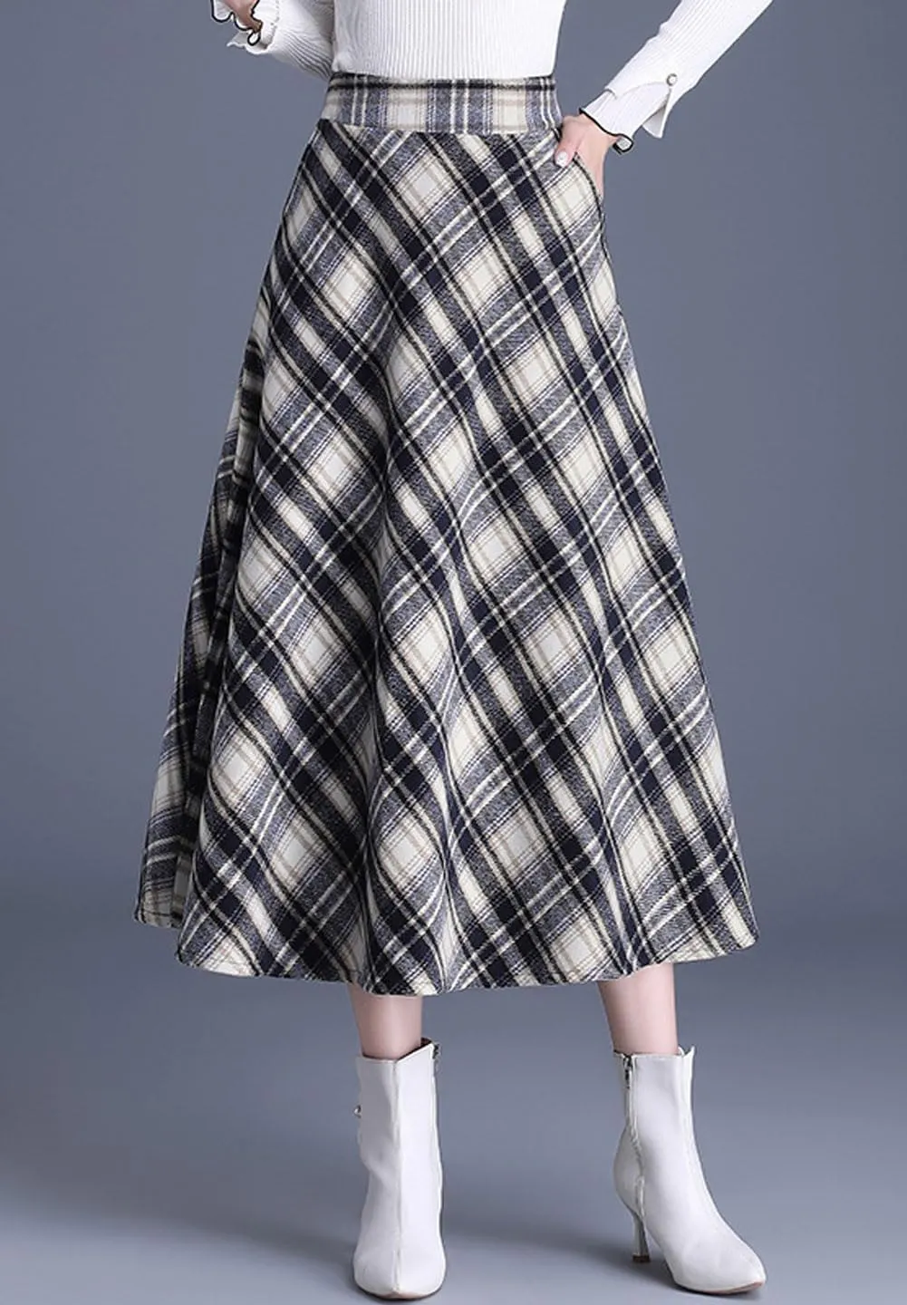 chouyatou Women's Winter Elastic Waist Wool Plaid Skirt Fall A-Line Pleated Midi Long Skater Skirt