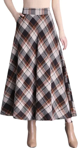 chouyatou Women's Winter Elastic Waist Wool Plaid Skirt Fall A-Line Pleated Midi Long Skater Skirt