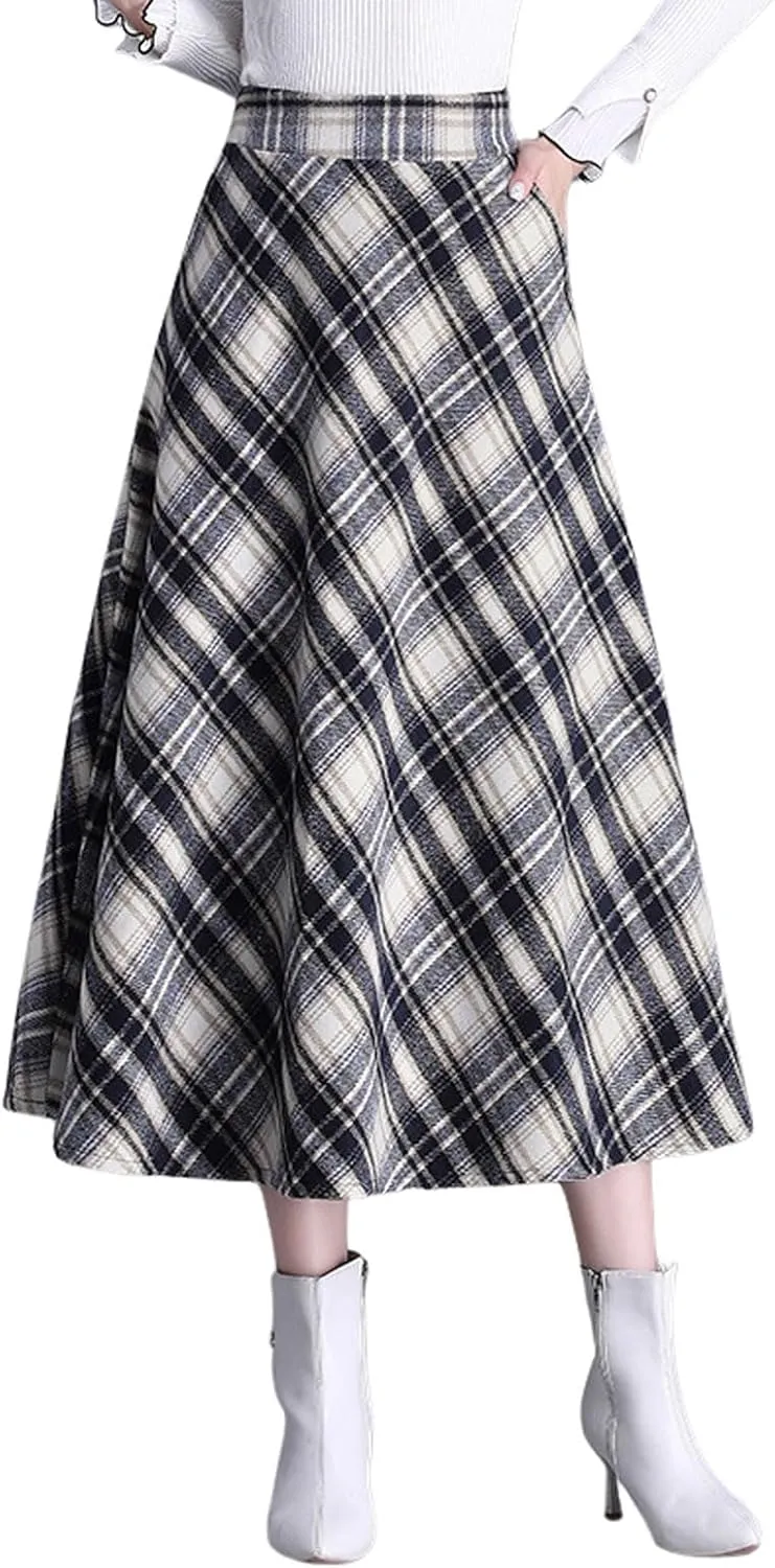 chouyatou Women's Winter Elastic Waist Wool Plaid Skirt Fall A-Line Pleated Midi Long Skater Skirt