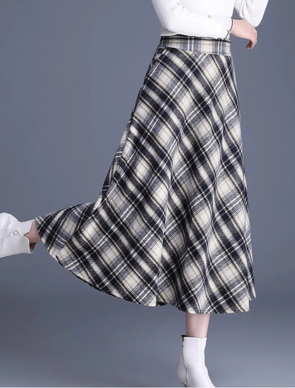 chouyatou Women's Winter Elastic Waist Wool Plaid Skirt Fall A-Line Pleated Midi Long Skater Skirt