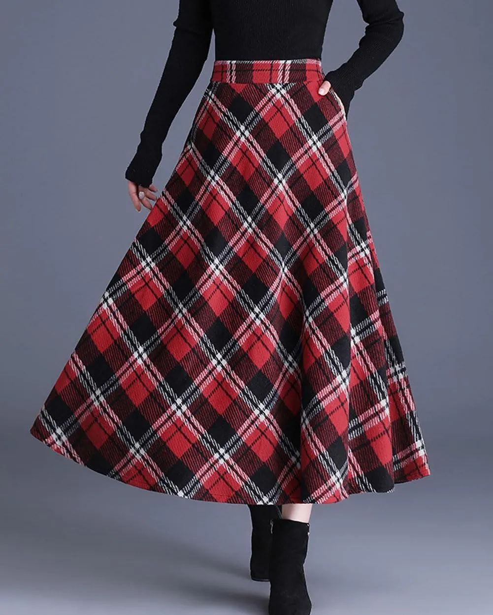 chouyatou Women's Winter Elastic Waist Wool Plaid Skirt Fall A-Line Pleated Midi Long Skater Skirt