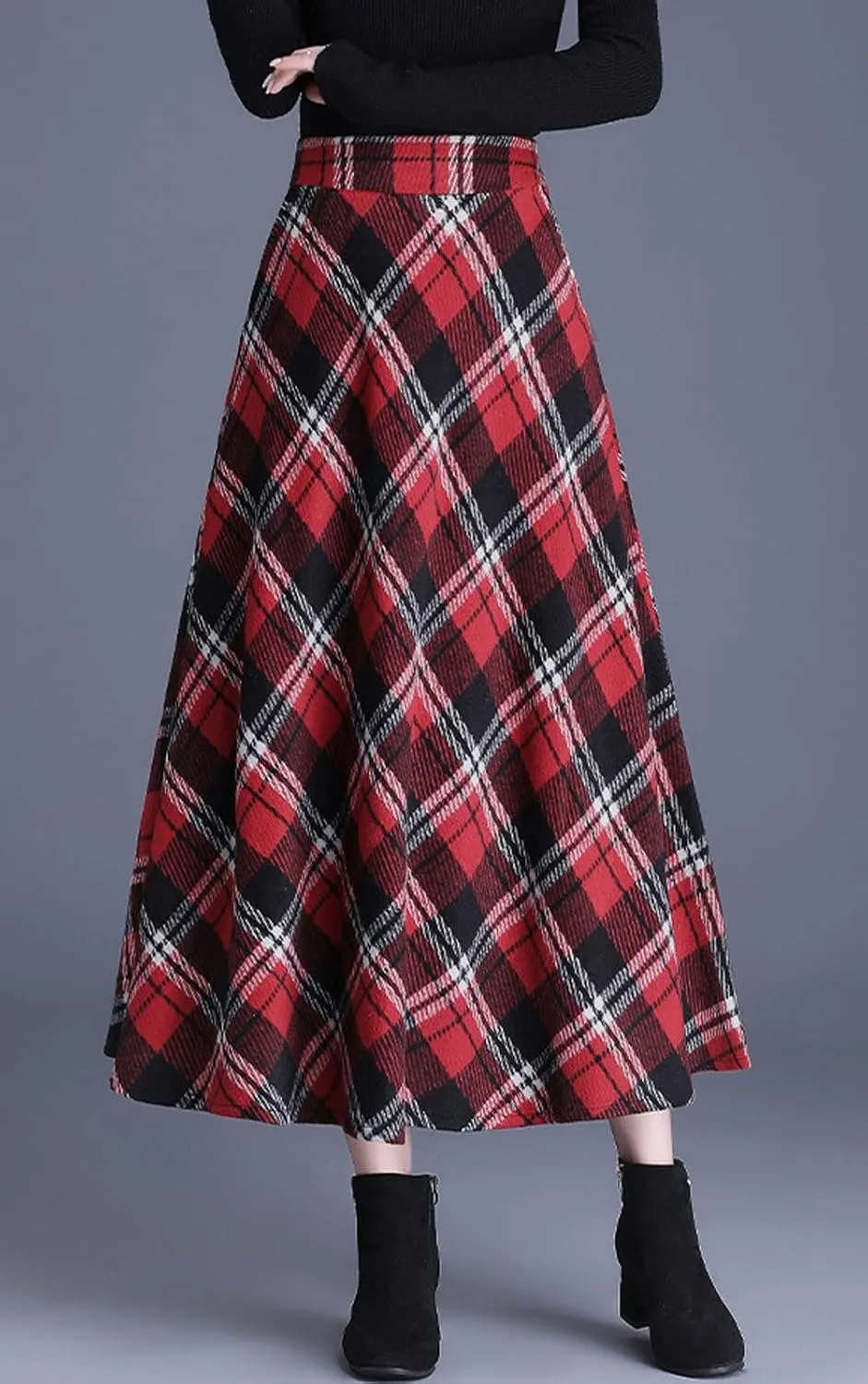 chouyatou Women's Winter Elastic Waist Wool Plaid Skirt Fall A-Line Pleated Midi Long Skater Skirt