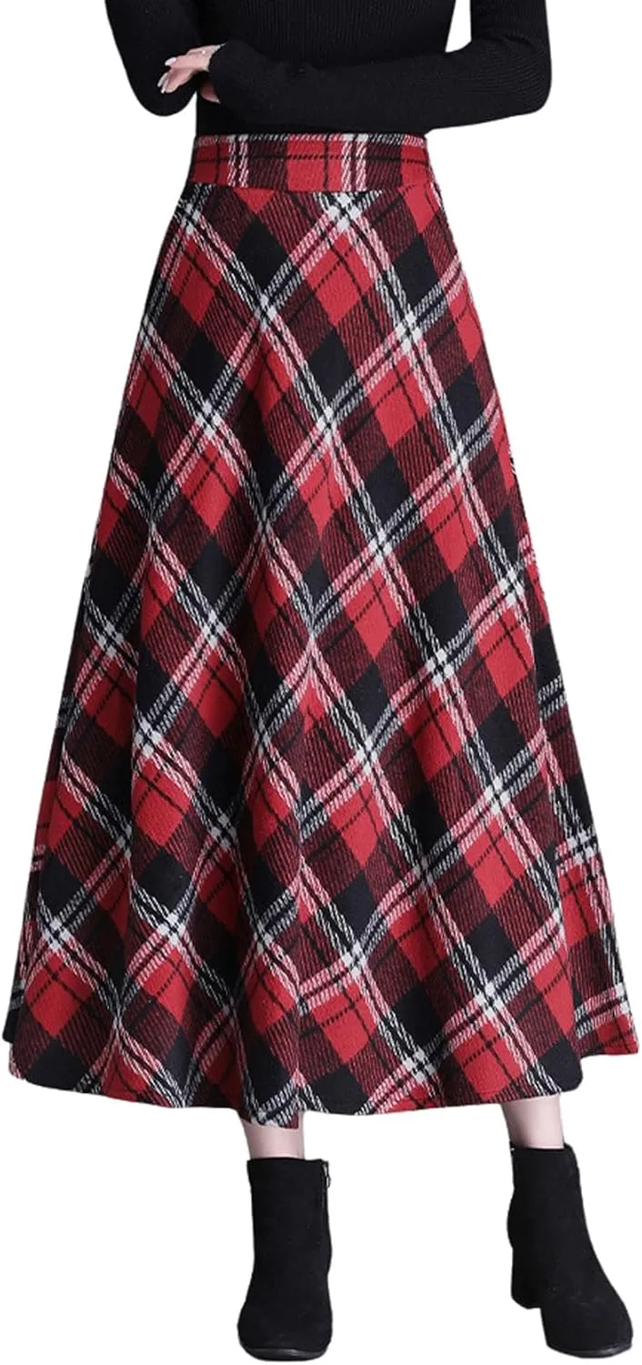 chouyatou Women's Winter Elastic Waist Wool Plaid Skirt Fall A-Line Pleated Midi Long Skater Skirt