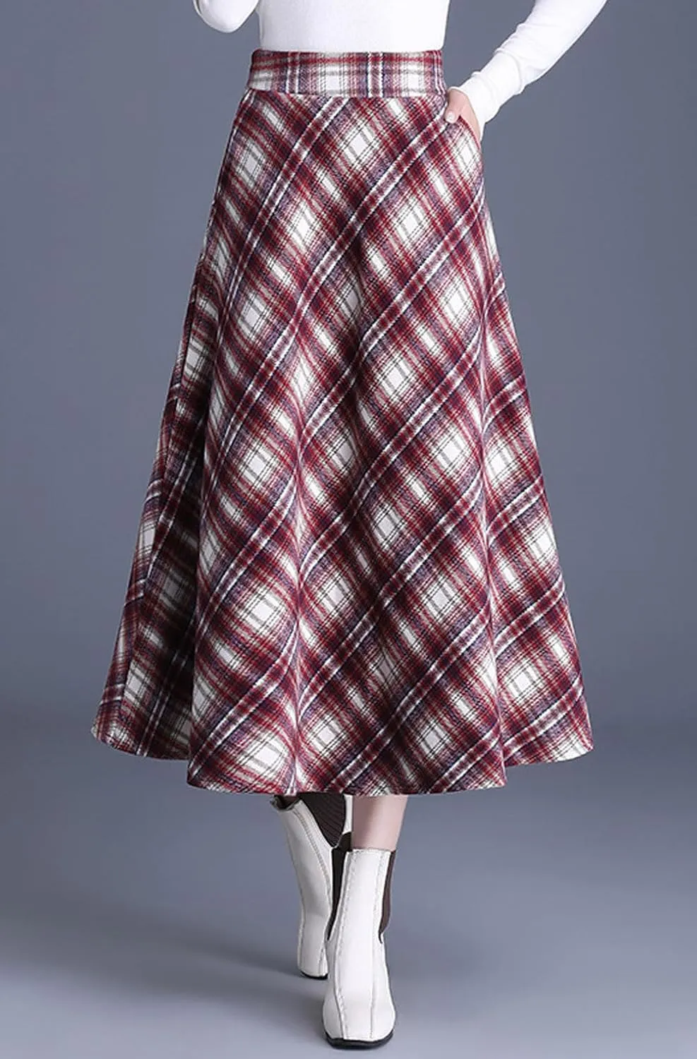 chouyatou Women's Winter Elastic Waist Wool Plaid Skirt Fall A-Line Pleated Midi Long Skater Skirt