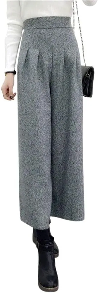 chouyatou Women's Winter High Waist Wide Leg Plaid Wool Blend Palazzo Capri Pants Culottes with Pockets