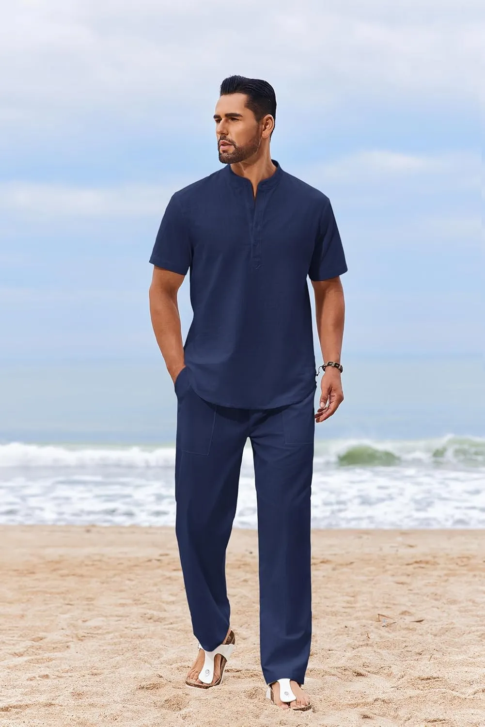 COOFANDY Men's 2 Piece Cotton Sets Casual Short Sleeve Henley Shirts and Beach Pants with Pockets Summer Vacation Outfits