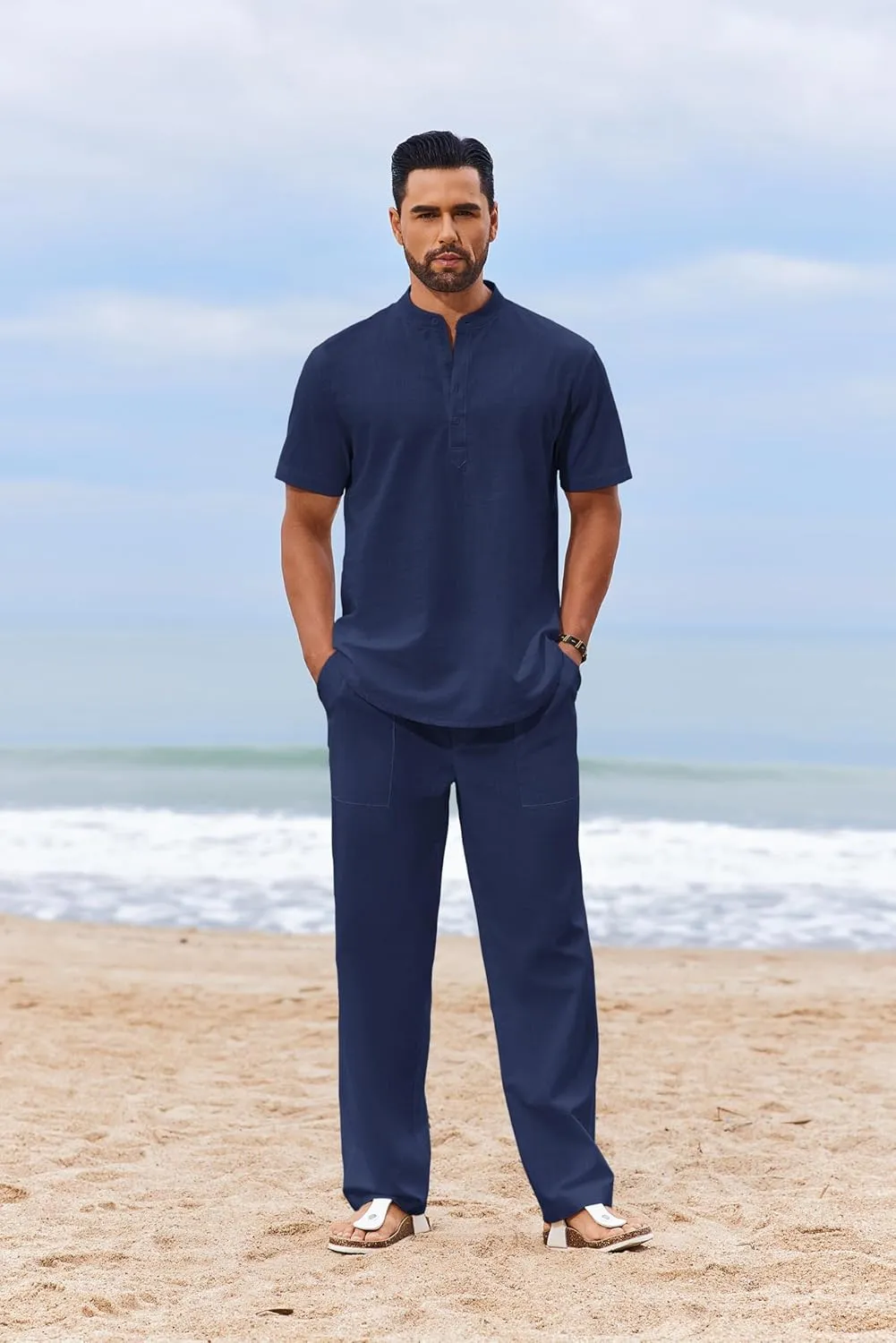 COOFANDY Men's 2 Piece Cotton Sets Casual Short Sleeve Henley Shirts and Beach Pants with Pockets Summer Vacation Outfits