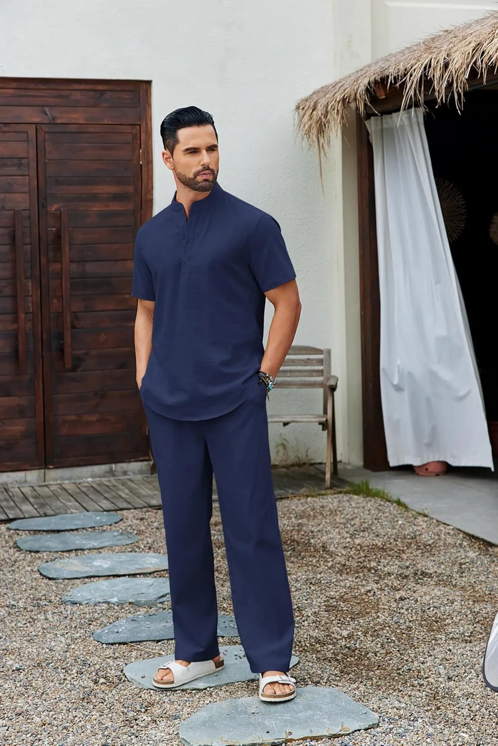 COOFANDY Men's 2 Piece Cotton Sets Casual Short Sleeve Henley Shirts and Beach Pants with Pockets Summer Vacation Outfits