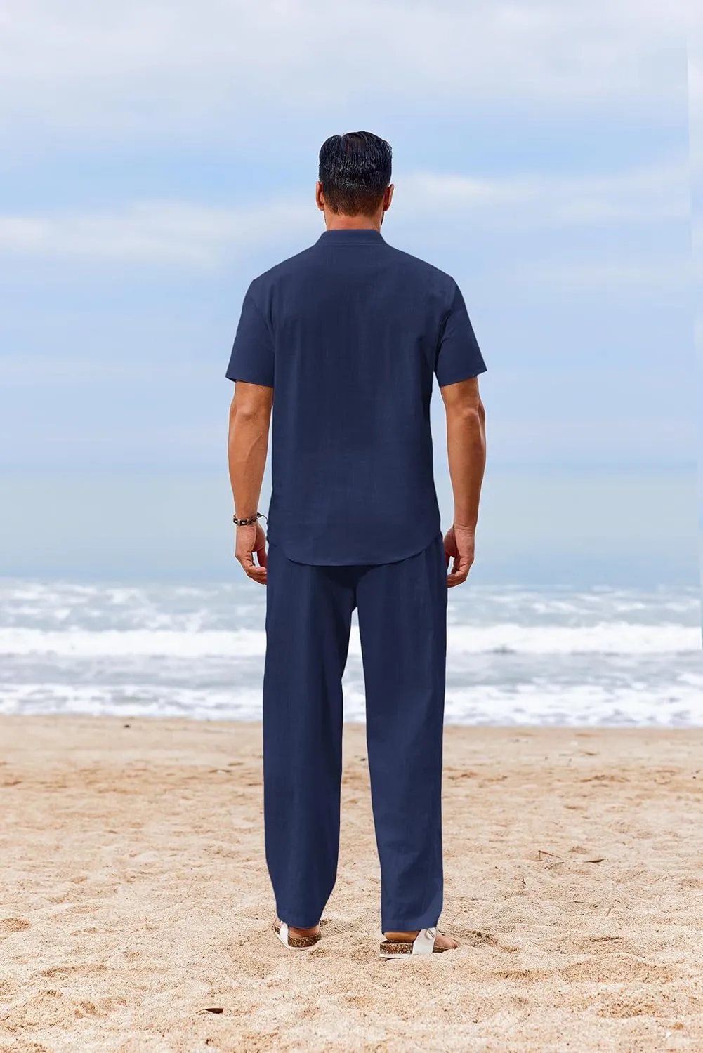 COOFANDY Men's 2 Piece Cotton Sets Casual Short Sleeve Henley Shirts and Beach Pants with Pockets Summer Vacation Outfits