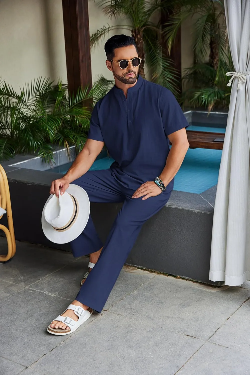 COOFANDY Men's 2 Piece Cotton Sets Casual Short Sleeve Henley Shirts and Beach Pants with Pockets Summer Vacation Outfits