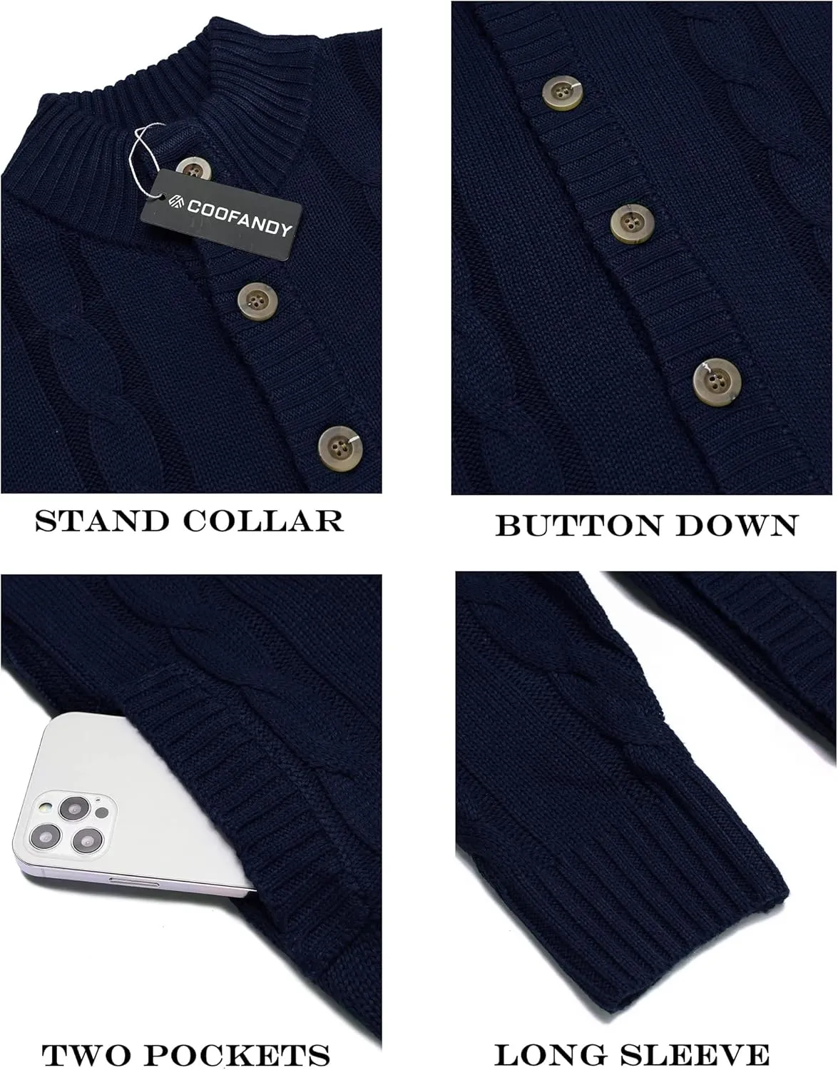 COOFANDY Men's Cardigan Sweater Slim Fit Stand Collar Cardigan Casual Cable Knitted Button Down Sweater with Pockets