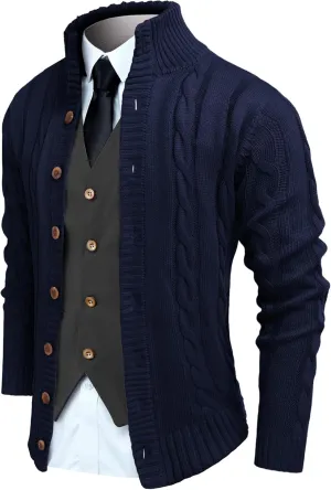 COOFANDY Men's Cardigan Sweater Slim Fit Stand Collar Cardigan Casual Cable Knitted Button Down Sweater with Pockets