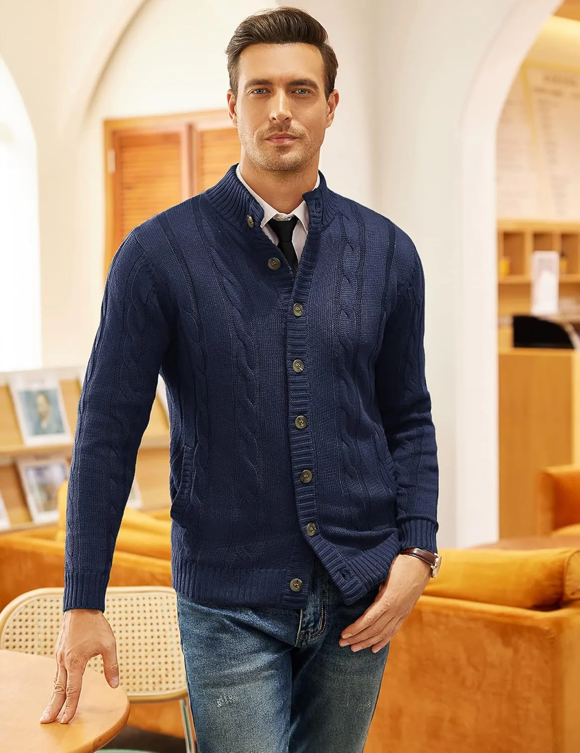 COOFANDY Men's Cardigan Sweater Slim Fit Stand Collar Cardigan Casual Cable Knitted Button Down Sweater with Pockets