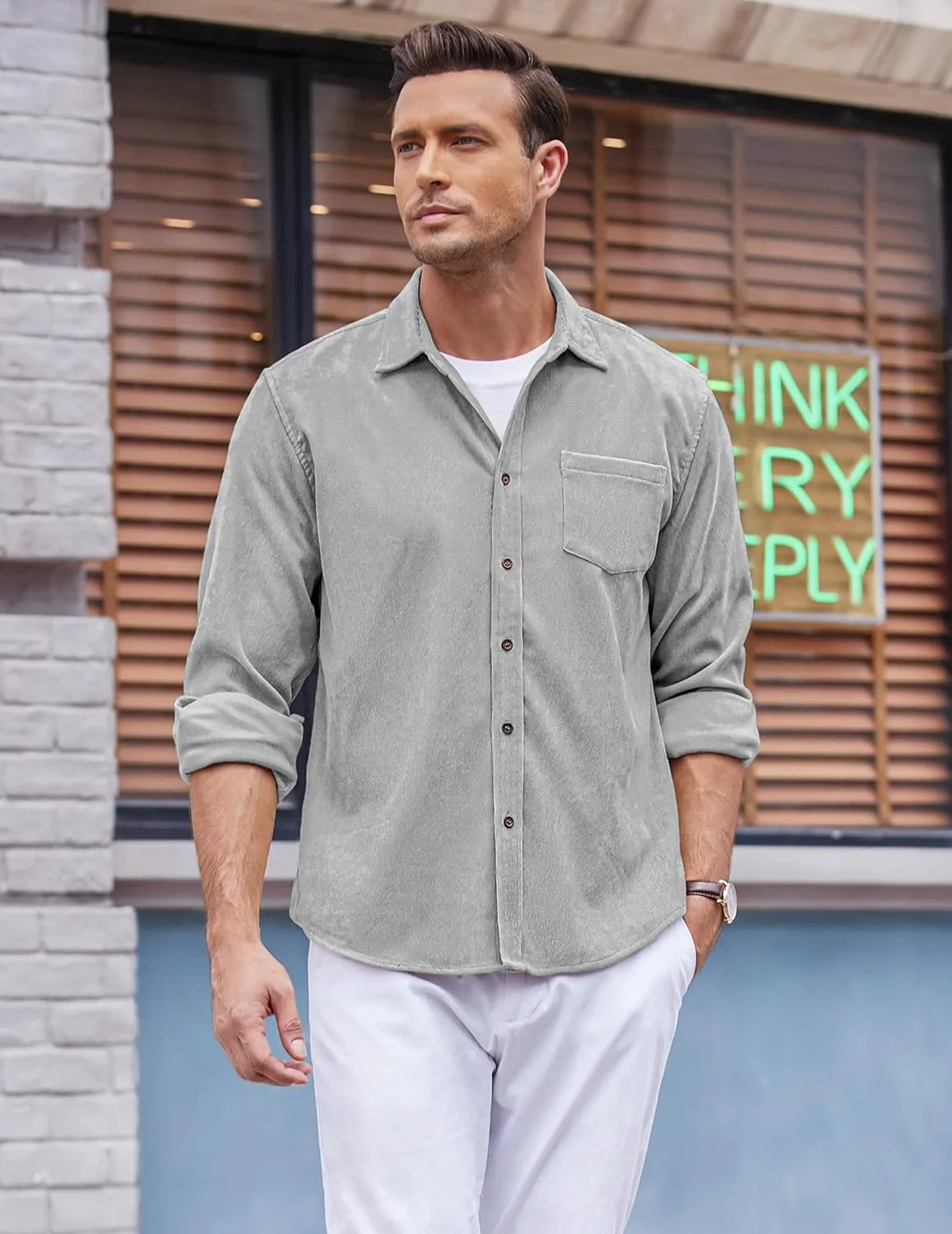 COOFANDY Men's Corduroy Shirt Casual Long Sleeve Button Down Lightweight Jacket Fall Textured Shacket