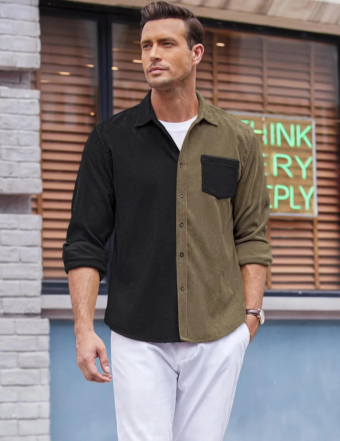 COOFANDY Men's Corduroy Shirt Casual Long Sleeve Button Down Lightweight Jacket Fall Textured Shacket