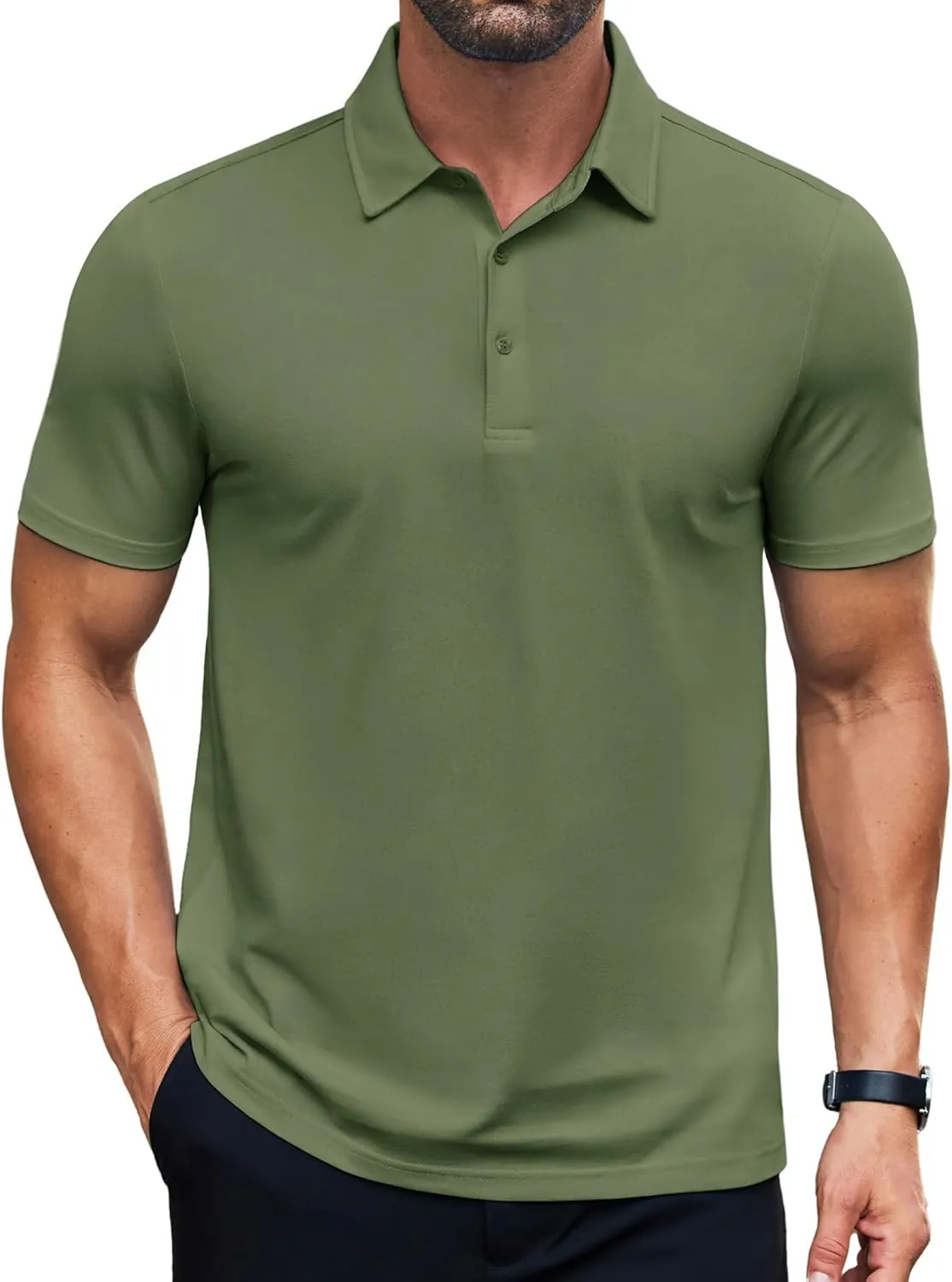 COOFANDY Men's Polo Shirts Short Sleeve Slim Fit Casual Solid Basic Golf Shirt Collared T-Shirt Army Green