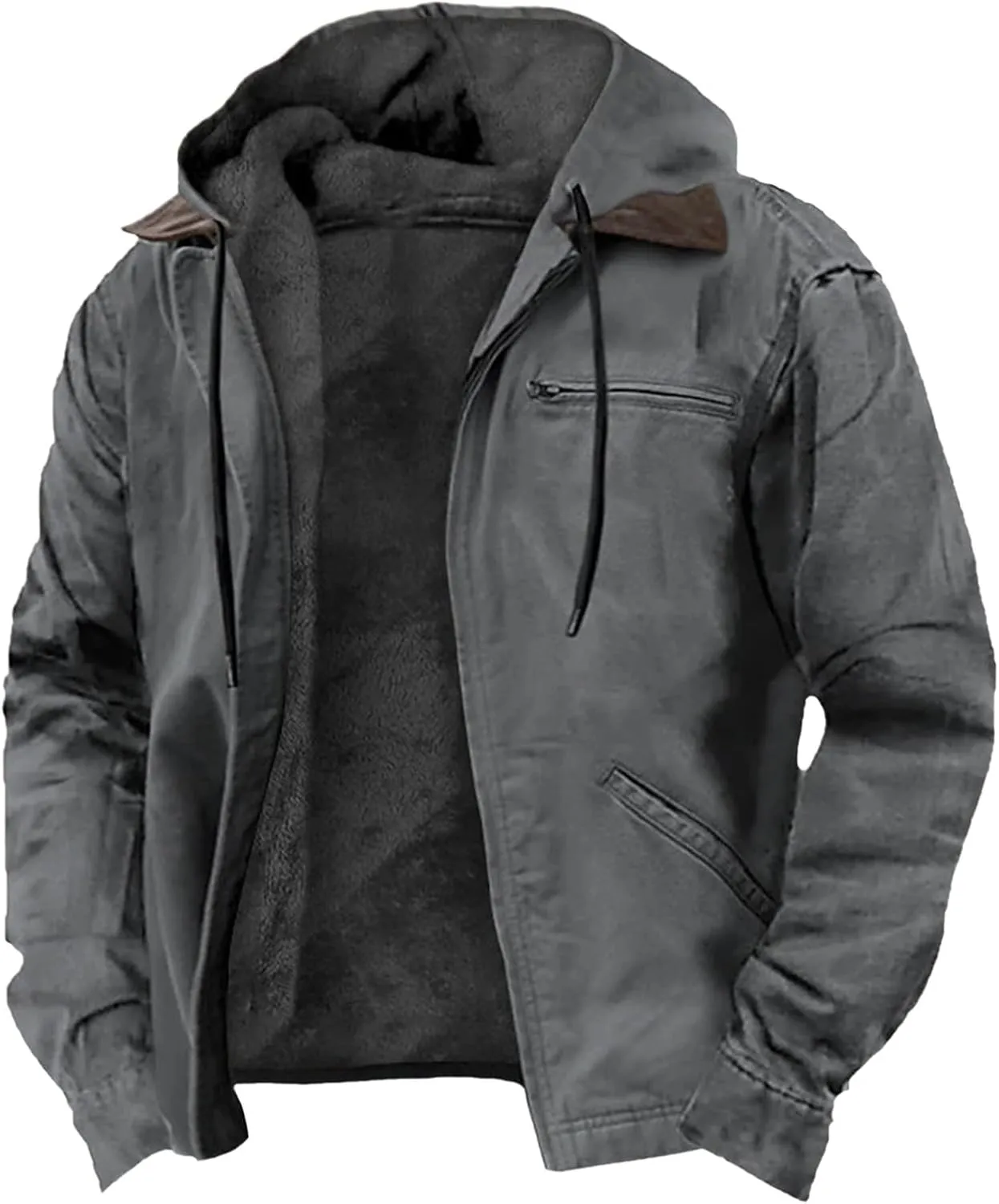Costaric Solid Color Hooded Coat For Mens Fashion Casual Zipper Winter Warm Sherpa Fleece Lined Jacket With Pockets Jacket