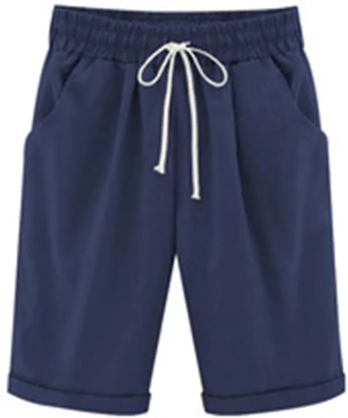 Cotton Linen Drawstring Shorts for Women Elastic High Waist Straight Leg Knee Length Short Pants with Pockets