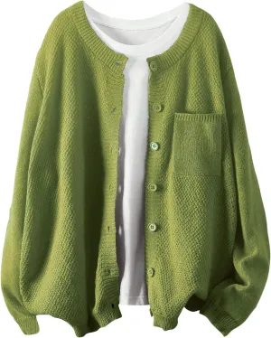 COZYEASE Women's Plus Size Crewneck Button Up Cardigan Long Sleeve Knit Sweater with Pocket