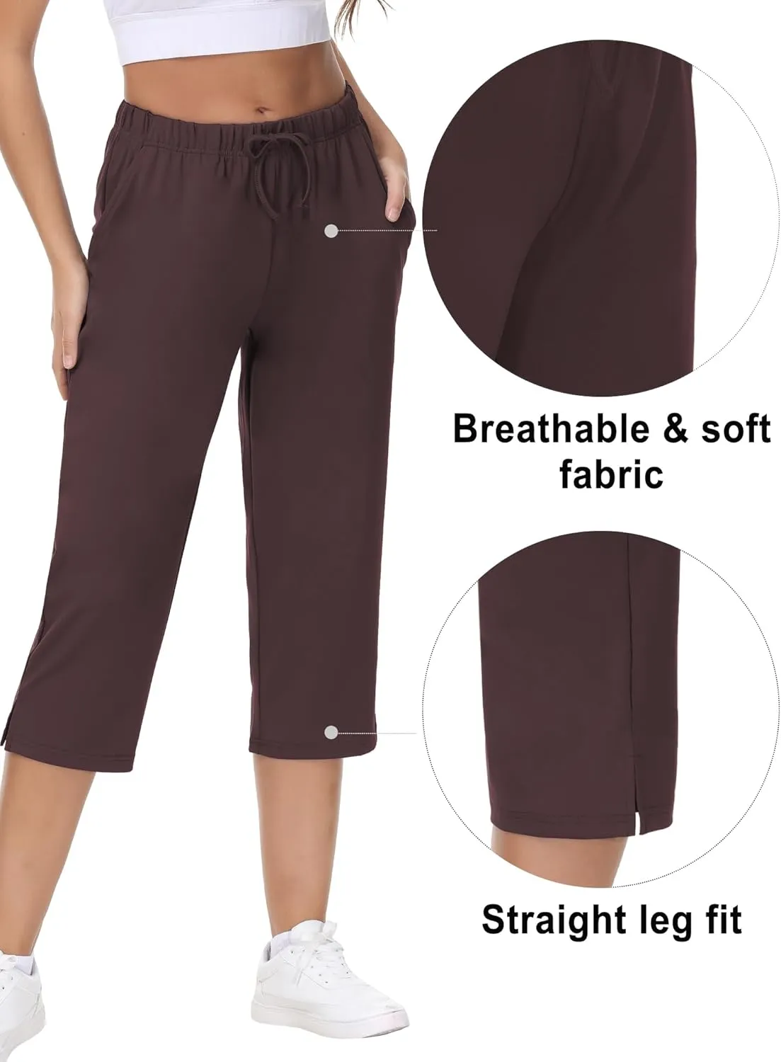 COZZIPLUS Womens Capris Yoga Pants Pull On Stretch Comfy Lightweight Summer Wide Leg Workout Crop with Pockets
