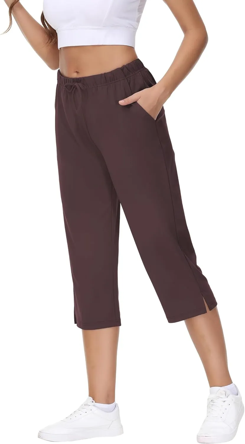 COZZIPLUS Womens Capris Yoga Pants Pull On Stretch Comfy Lightweight Summer Wide Leg Workout Crop with Pockets