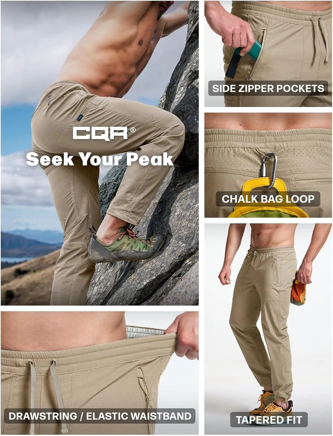 CQR Men's Lightweight Vent Hiking Pants, Water-Resistant & Breathable Sports Outdoor Athletic Pants with Elastic Waist