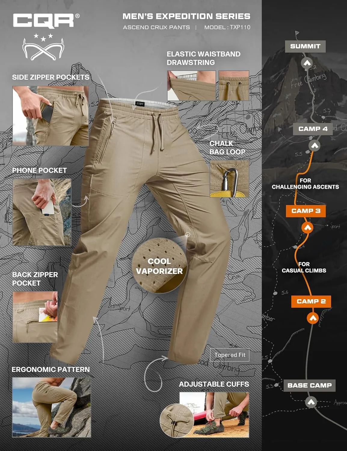 CQR Men's Lightweight Vent Hiking Pants, Water-Resistant & Breathable Sports Outdoor Athletic Pants with Elastic Waist