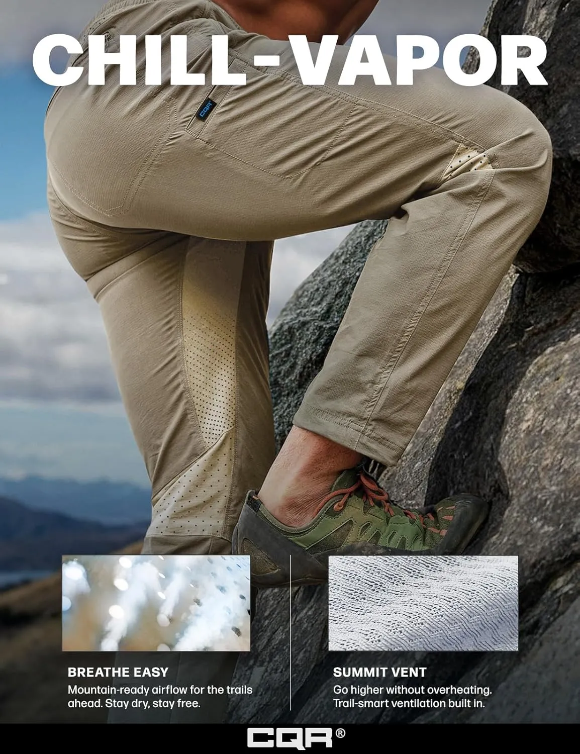 CQR Men's Lightweight Vent Hiking Pants, Water-Resistant & Breathable Sports Outdoor Athletic Pants with Elastic Waist