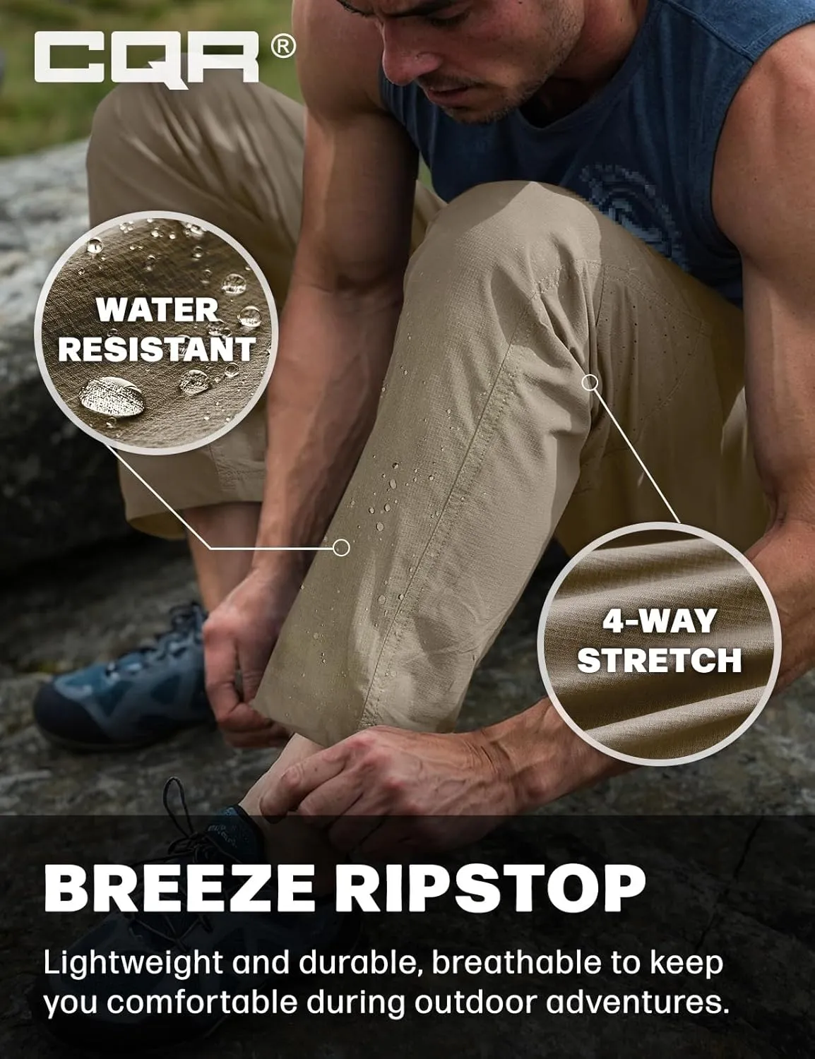 CQR Men's Lightweight Vent Hiking Pants, Water-Resistant & Breathable Sports Outdoor Athletic Pants with Elastic Waist