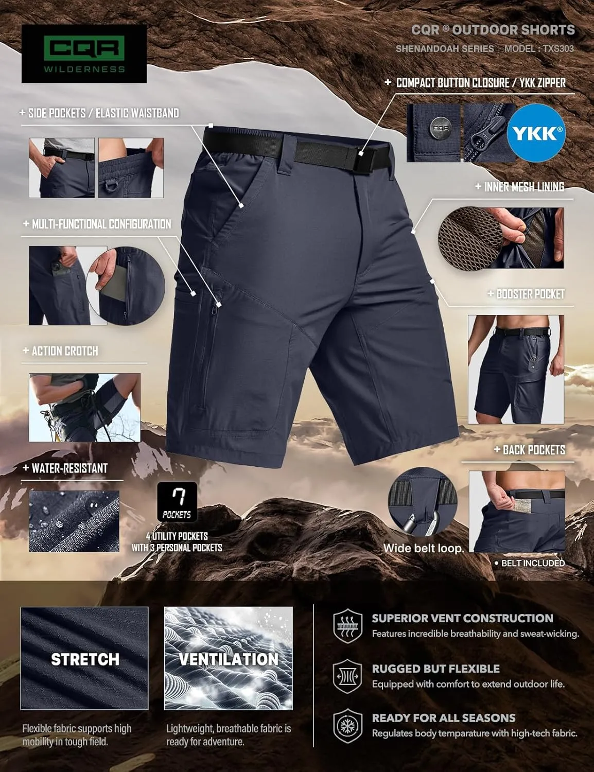 CQR Mens Quick-Dry Stretch Hiking Cargo Shorts  Lightweight Water-Resistant Tactical Casual, Golf & Outdoor with Pockets