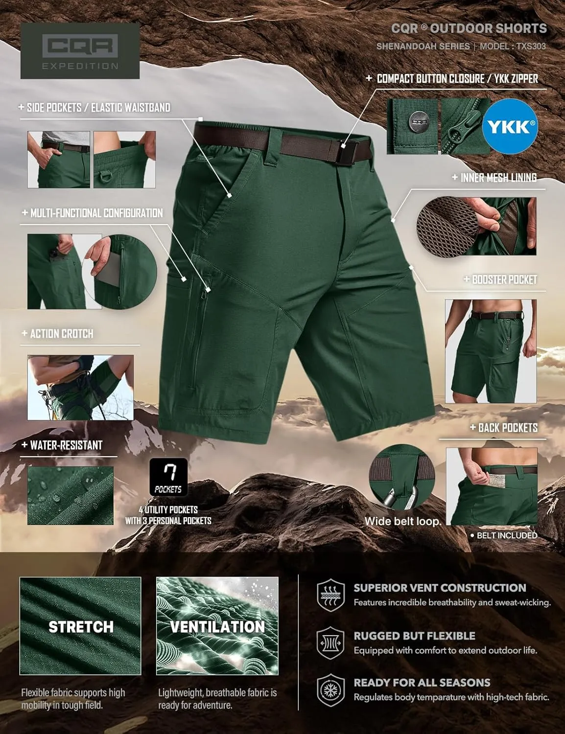 CQR Men's Quick Dry Stretch Hiking Cargo Shorts, Lightweight Water Resistant Tactical Casual, Golf & Outdoor with Pockets