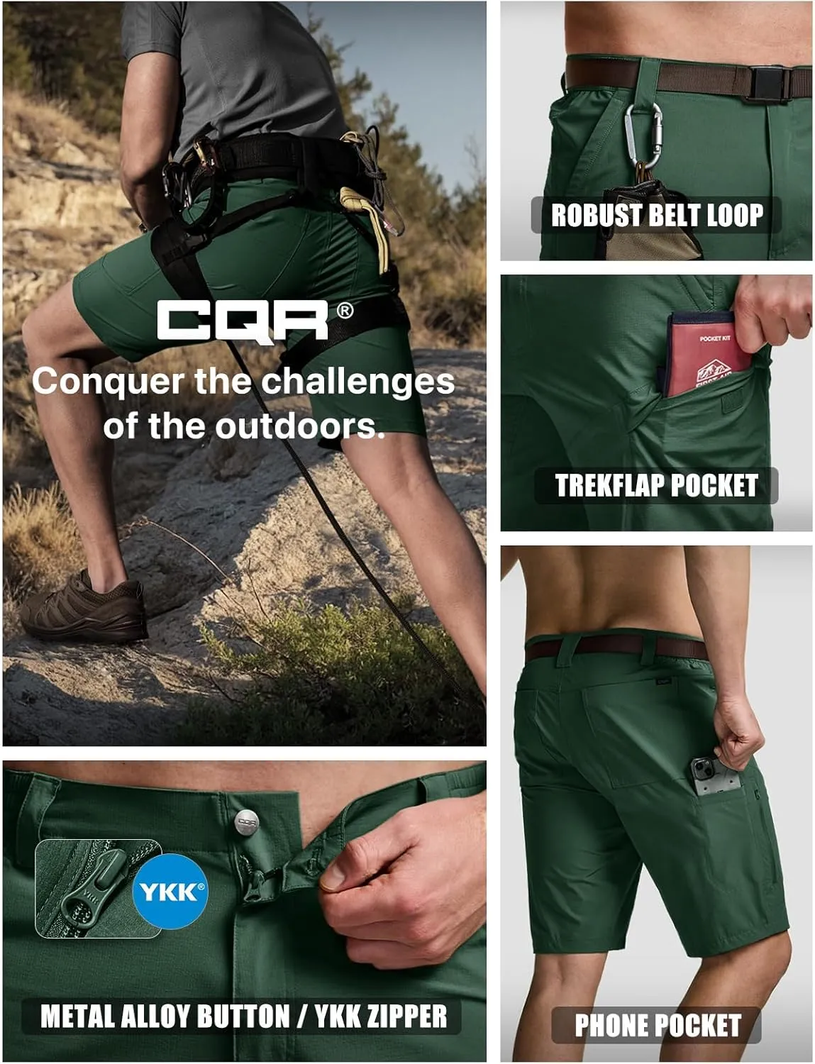 CQR Men's Quick Dry Stretch Hiking Cargo Shorts, Lightweight Water Resistant Tactical Casual, Golf & Outdoor with Pockets