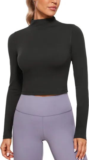 CRZ YOGA Womens Butterluxe Mock Turtleneck Long Sleeves Crop Tops Slim Fit Workout Casual T-Shirt Base Layer Fall Shirts