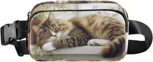 Cute Cat Sleep Fanny Pack Water Resistant Waist Pack Sling Bag Purse for Women Men Travel Hiking