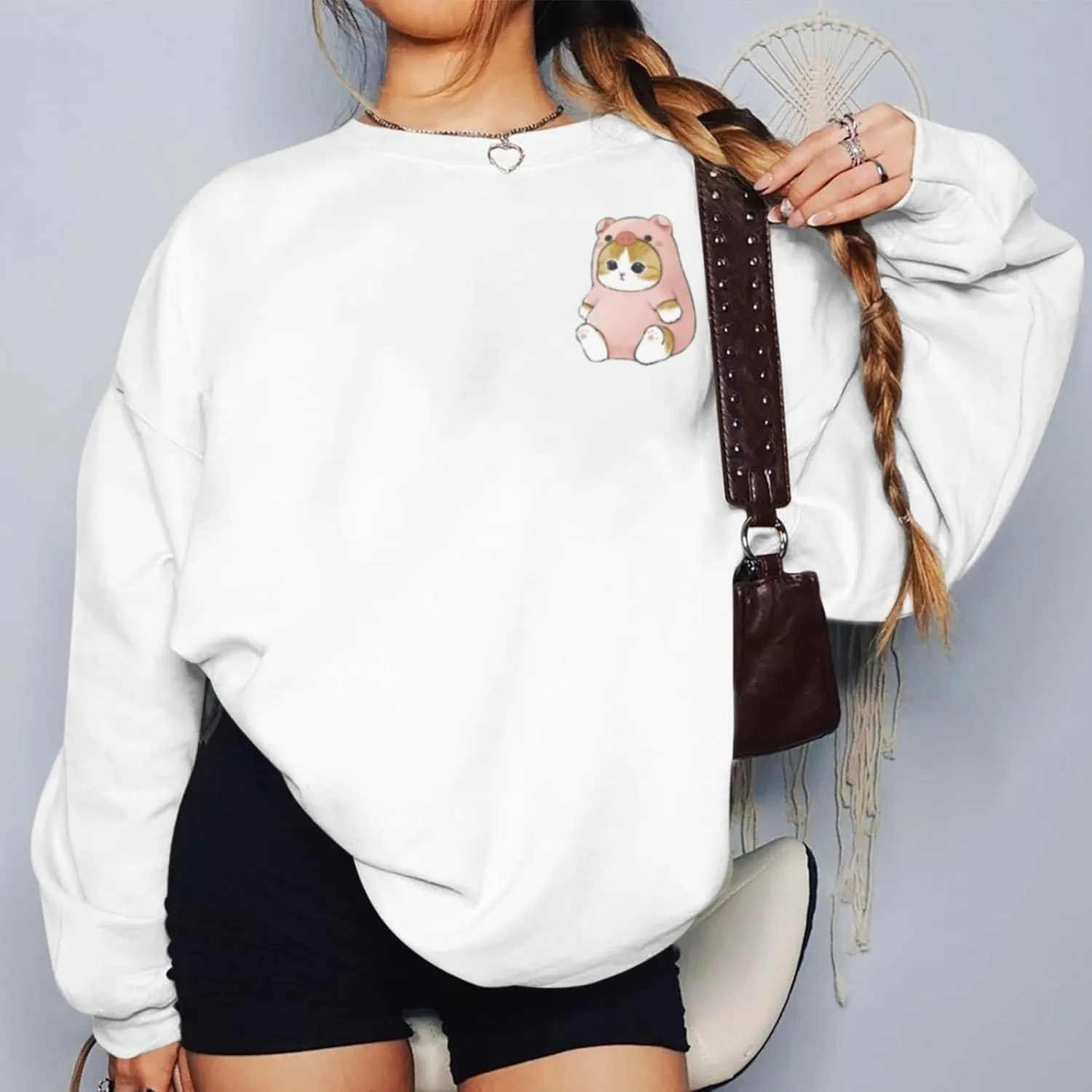 Cute Kawaii Cat Graphic Sweatshirts For Teen Girls Funny Preppy Crewneck Pullover For Women Printed Long Sleeve Tops