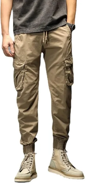 Depslee Men's Casual Cotton Relaxed Straight Cargo Pants,Multi-Pocket Light Outdoor Beam Foot Harem Pants with Drawstring